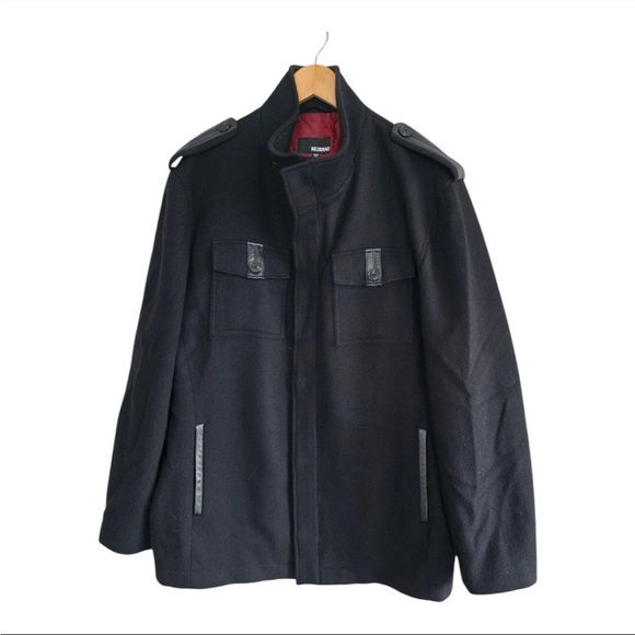 Murano Wool Blend Jacket Coat XL Men Black Leather Trim Military Heavy 90s Y2k - Picture 2 of 16